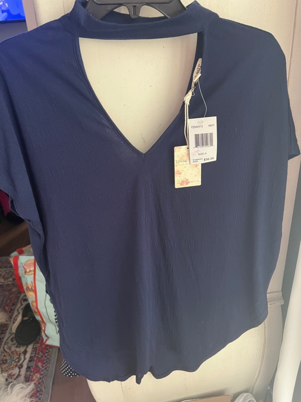 living doll Navy Short-Sleeve V-Neck Top with Cutout Collar